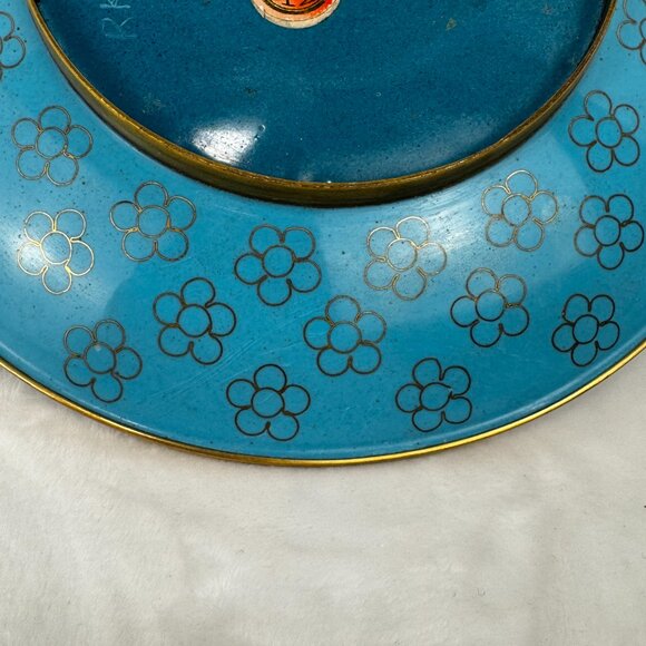 Vintage Japanese Cloisonne Jingfa Floral Enamel 9" Round Plate Turquoise Golden - Picture 9 of 15